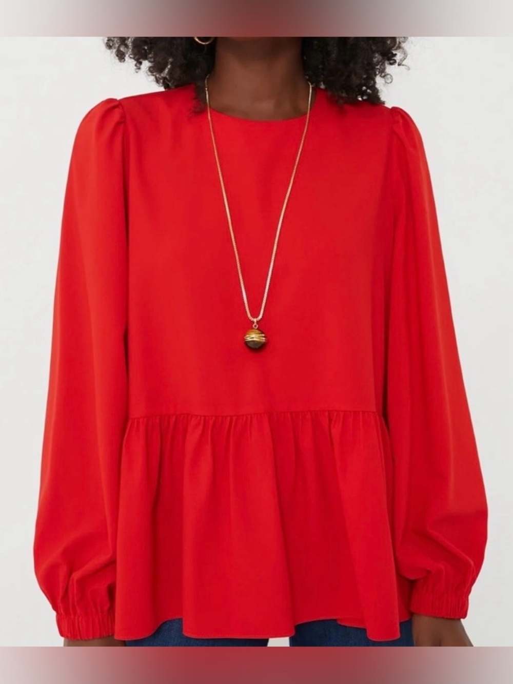 POMANDER PLACE Women’s Red Carlota Peplum Long Sleeve Blouse Size Large Keyhole